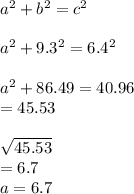 a^{2} + b^{2} = c^{2} \\\\a^{2} + 9.3^{2} = 6.4^{2} \\\\a^{2} + 86.49=40.96\\= 45.53\\\\\sqrt{45.53} \\= 6.7\\a= 6.7