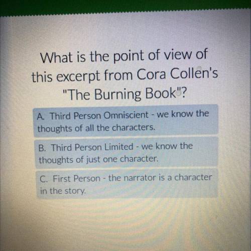 What is the point of view of

this excerpt from Cora Collen's
The Burning Book?
A. Third Person