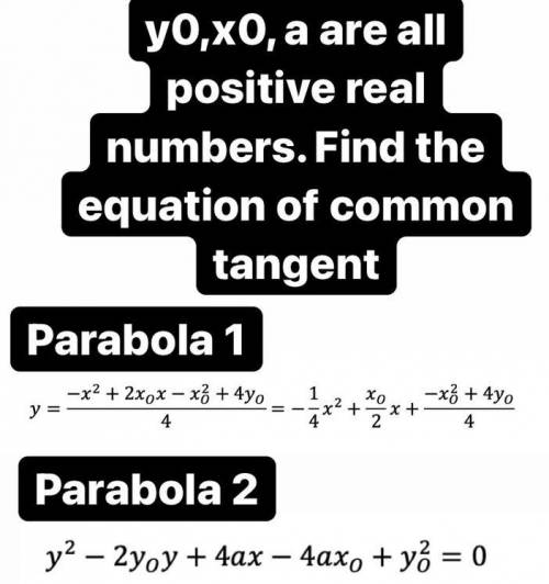 Hi! I need to find the equation of the common tangent of the two parabolas. x0, y0 and a are all re