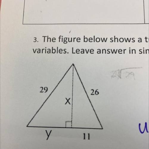 The figure below shows a triangle with an altitude drawn. Determine the values for the variable. Le