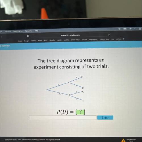 The tree diagram represents an
experiment consisting of two trials.
P(D) = [ ? ]
