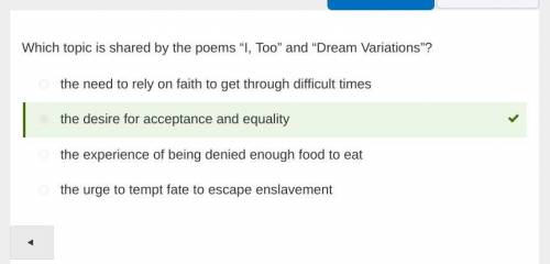 Item 9

Which topic is shared by the poems “I, Too” and “Dream Variations”?
the need to rely on fai