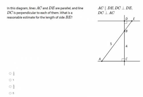 In this diagram, lines AC and DE are parallel, and line DC is perpendicular to each of them. What i