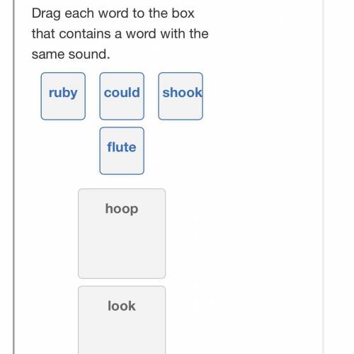 Drag each word to the box that contains a word with the same sound.

ruby
could
shook
flute
hoop
l