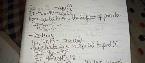 Solve the system of equations -2x-y=-5 and 3x-4y=-42 by combining the equations.

when you answer c