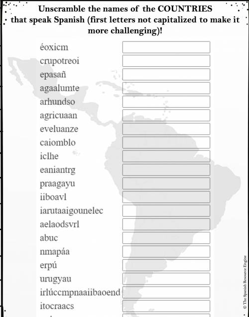 Unscramble the names of the COUNTRIES that speak Spanish (first letters not capitalized to make it