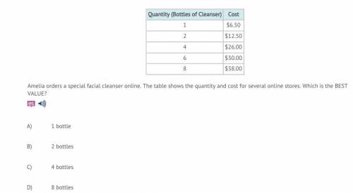 Amelia orders a special facial cleanser online. The table shows the quantity and cost for several o