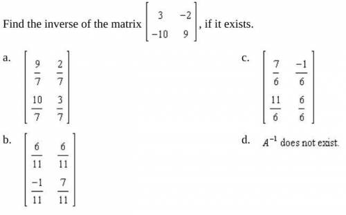 Find the inverse of the matrix (3, -2)(-10, 9) if it exists.