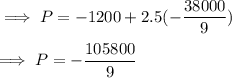 \implies P=-1200+2.5(-\dfrac{38000}{9})\\\\\implies P= -\dfrac{105800}{9}