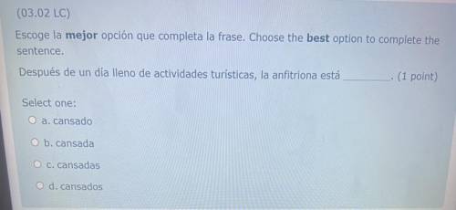 (I also attached a image)

NEED SPANISH HELP 
Esche la mejor opctión que completa la frase.
Despué