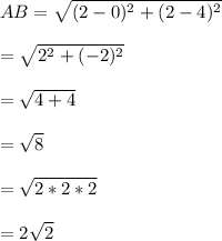 AB =\sqrt{(2-0)^{2}+(2-4)^{2}}\\\\=\sqrt{2^{2}+(-2)^{2}}\\\\=\sqrt{4+4}\\\\=\sqrt{8}\\\\=\sqrt{2*2*2}\\\\=2\sqrt{2}\\