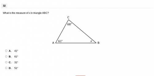 What is the measure of x in triangle ABC?
A. 41°
B. 61°
C. 31°
D. 51°