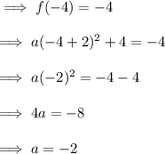 \implies f(-4)=-4\\\\\implies a(-4+2)^2+4=-4\\\\\implies a(-2)^2=-4-4\\\\\implies 4a=-8\\\\\implies a = -2