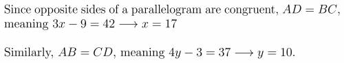 Helppp! , Use parallelogram ABCD. What are the values of x and y ?