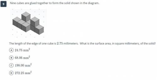 Nine cubes are glued together to form the solid shown in the diagram. The length of the edge of on