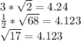 3*\sqrt{2} = 4.24\\\frac{1}{2} *\sqrt{68} = 4.123\\\sqrt{17} = 4.123