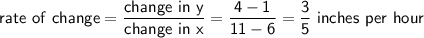 \mathsf{rate \ of \ change=\dfrac{change \ in \ y}{change \ in \ x}=\dfrac{4-1}{11-6}=\dfrac35 \ inches \ per \ hour}