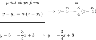 \begin{array}{|c|ll} \cline{1-1} \textit{point-slope form}\\ \cline{1-1} \\ y-y_1=m(x-x_1) \\\\ \cline{1-1} \end{array}\implies y-\stackrel{y_1}{5}=\stackrel{m}{-\cfrac{3}{4}}(x-\stackrel{x_1}{4}) \\\\\\ y-5=-\cfrac{3}{4}x+3\implies y=-\cfrac{3}{4}x+8