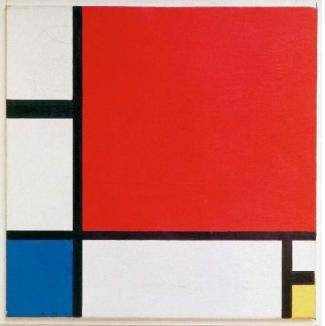 the image shows this famous mondrian painting. the rectangle in the top left is red, the one in the