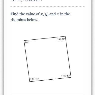 Find the value of x, y, z in the rhombus below