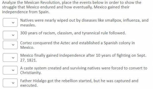 Please Help!!

Analyze the Mexican Revolution, place the events below in order to show the struggl
