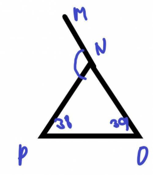 Triangle N P O is shown. Line O N extends through point M to form exterior angle P N M. Angle N P O