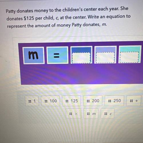 Patty donates money to the children's center each year. She

donates $125 per child, c, at the cen