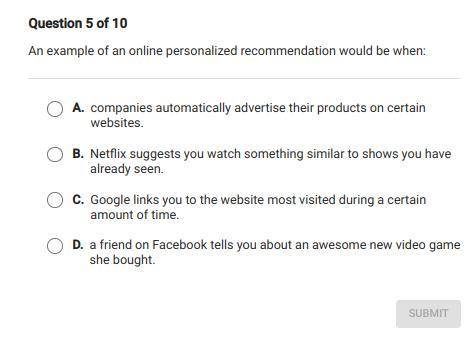 An example of an online personalized recommendation would be when: