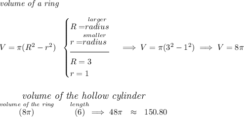 \textit{volume of a ring}\\\\ V=\pi (R^2-r^2)~~ \begin{cases} R=\stackrel{larger}{radius}\\ r=\stackrel{smaller}{radius}\\[-0.5em] \hrulefill\\ R=3\\ r=1 \end{cases}\implies V=\pi (3^2-1^2)\implies V=8\pi \\\\\\ \stackrel{\textit{\large volume of the hollow cylinder}}{\stackrel{\textit{volume of the ring}}{(8\pi )}\qquad \stackrel{length}{(6)}\implies 48\pi ~~\approx~~150.80}