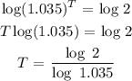 \begin{gathered} \log (1.035)^T\text{ = log 2} \\ T\log (1.035)\text{ = log 2} \\ T\text{ = }\frac{\log \text{ 2}}{\log \text{ 1.035}} \end{gathered}