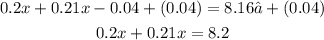 \begin{gathered} 0.2x+0.21x-0.04+(0.04)=8.16+(0.04) \\ 0.2x+0.21x=8.2 \end{gathered}