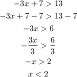 \begin{gathered} -3x+713 \\ -3x+7-713-7 \\ -3x6 \\ -\frac{3x}{3}\frac{6}{3} \\ -x2 \\ x