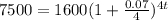 7500=1600(1+\frac{0.07}{4})^{4t}